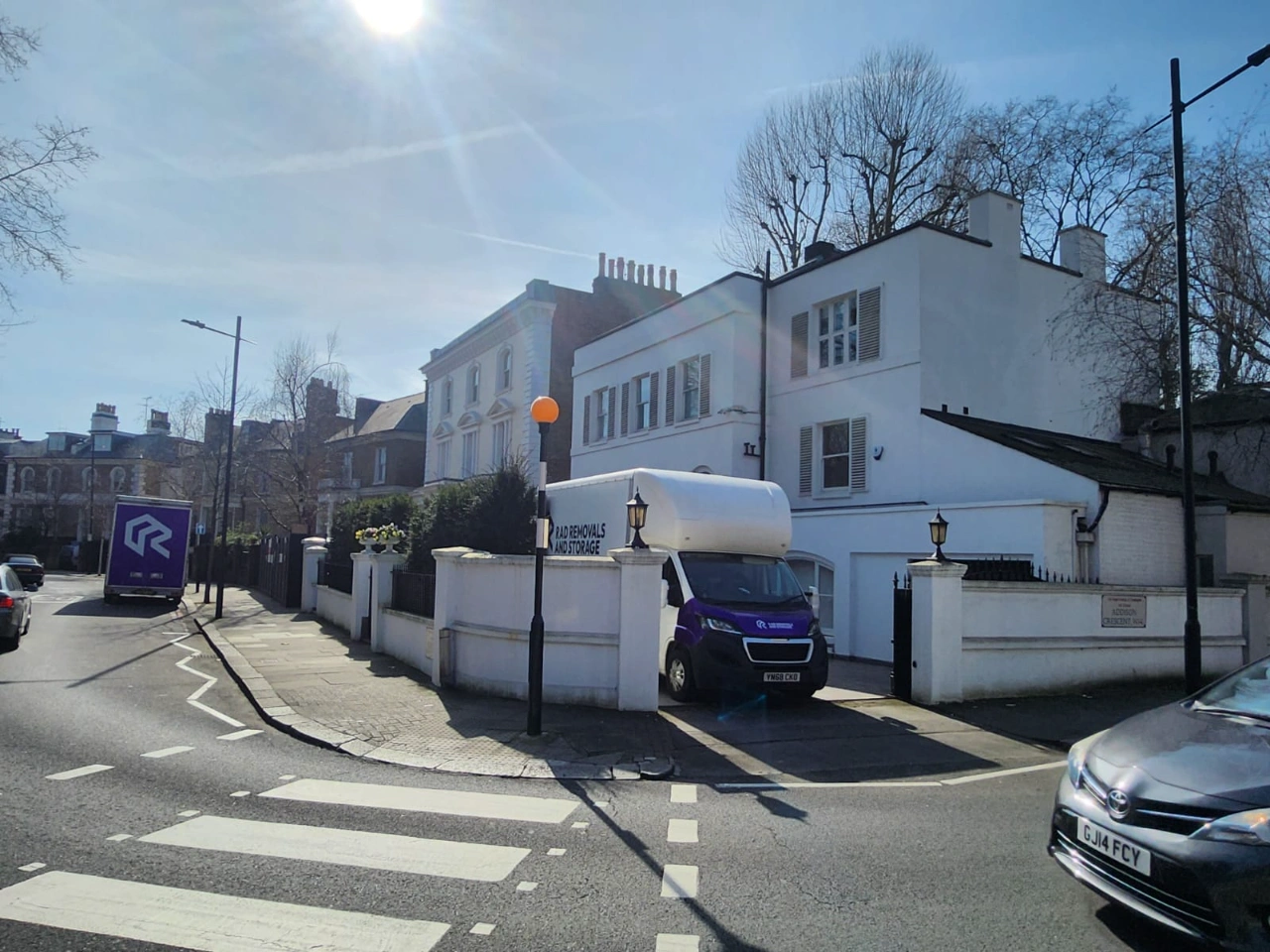 RAD removals van arriving at a London flat for moving pod collection